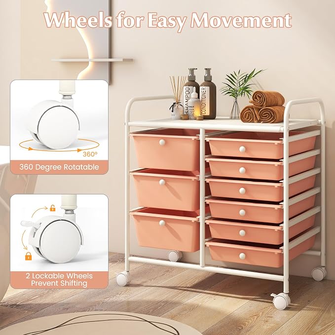 9 Drawer Rolling Storage Cart, Rolling Cart with Drawers for Classroom, Art Supply Craft Organizer on Wheel with Metal Frame & Handles for Home Office School