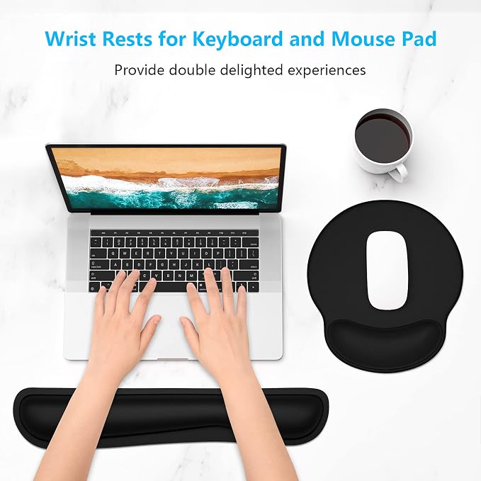 Dapesuom Keyboard Wrist Rest and Mouse Pad with Wrist Support, Memory Foam Cushion for Keyboard and Mouse Set, Ergonomic Desktop Pad Rests with Non Slip Base for Easy Typing & Pain Relief, Jet Black