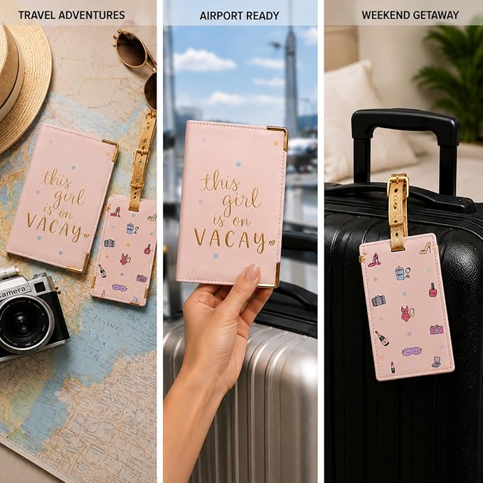 WORD TRAVELER Passport Cover Holder And Luggage Tag Set In Gift Box | Faux Material, Adjustable Buckle Strap, Privacy ID Window, Slim Lightweight Build for Easy Carry