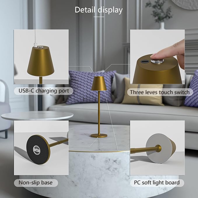 Timjorman 1-Pack Cordless Table Lamps - 5000mAh Rechargeable Battery Operated Desk Lamp, 3-Level Dimmable LED Night Light for Bedroom, Dining, Restaurant - Metal Design (Bronze 1-Pack)