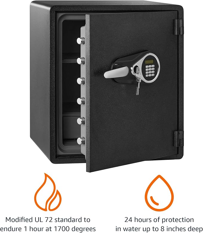 Amazon Basics Fireproof and Waterproof Safe Box with Digital Keypad Electronic Lock, Fire Resistant, Interior Lighting, Removable Shelf, for Home Use, 2.13 Cubic Feet, 24"H x 20.87"W x 19"D, Black