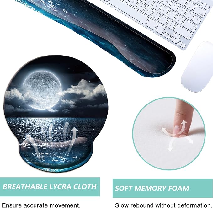 Keyboard Wrist Rest Pad Mouse Pad with Wrist Support Set of 3, Mousepad with Non-Slip Rubber Base, Ergonomic Memory Foam Mouse Wrist Cushion Support for Home Office Laptop Computer, Moonlit Night