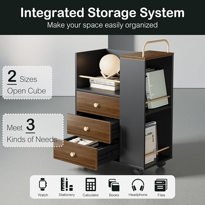 Mobile File Cabinet Under Desk with 3 Drawer, Lockable Wheels | Rolling Filing Cabinet, Utility Cart with Open Storage Shelves Home Office Fits A4/Legal, 19.7" x 11.8" x 26.3", Black Walnut