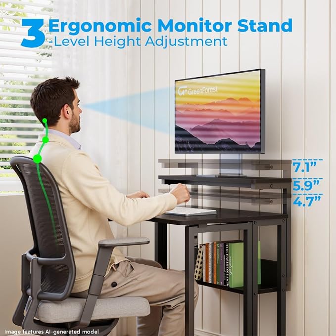 GreenForest Folding Desk with Adjustable Monitor Stand, 24.8 in Small Desk | Storage Shelf, Lockable Wheels, Portable, Space Saving, Mobile Rolling Table for Small Spaces, Home Office, Writing, Black