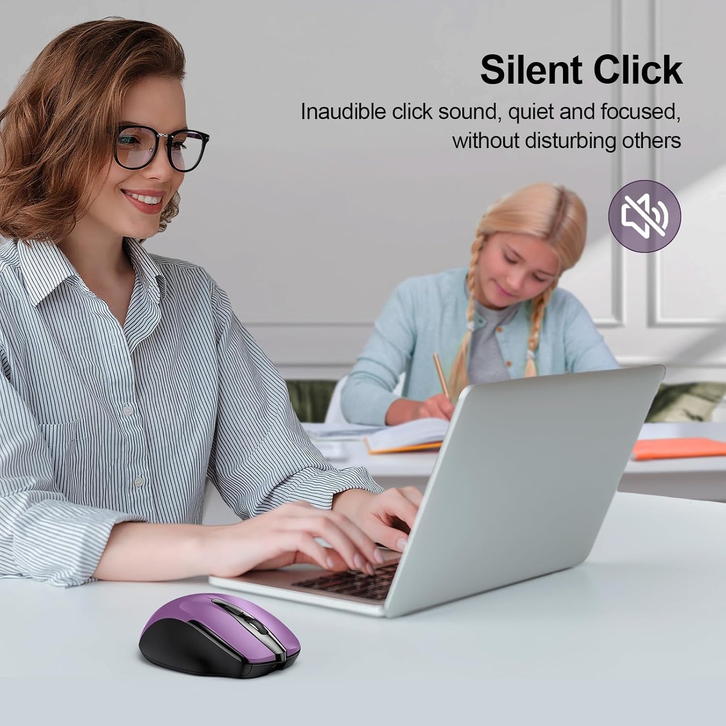 TECKNET Wireless Mouse (BT5.0/3.0 & 2.4G) Rechargeable 4800 DPI Silent USB A & Bluetooth Mouse 6 Buttons, Wide Compatibility - Purple