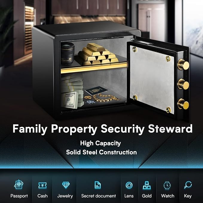 Safe Box with Fireproof Waterproof Money Bag, Alloy Steel Home Safe with Digital Keypad, Dual Key Lock, Fireproof Money Bag & LED Light, 1.2 Cuft Personal Document Lock Box for Office Dorm Hotel