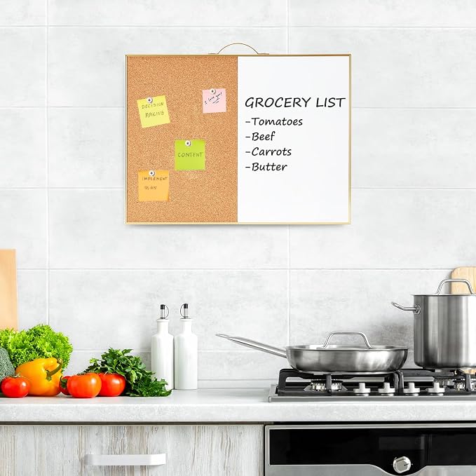 Small Combination Board - 12" X 16" Portable Aluminum Gold Framed Magnetic Dry Erase Board for Wall, Small Bulletin Cork Board with Holder for Office, Home and School