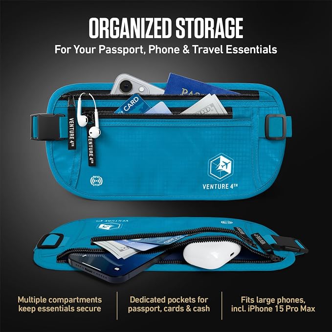 VENTURE 4TH Travel Money Belt, RFID Blocking Passport Holder - Blue