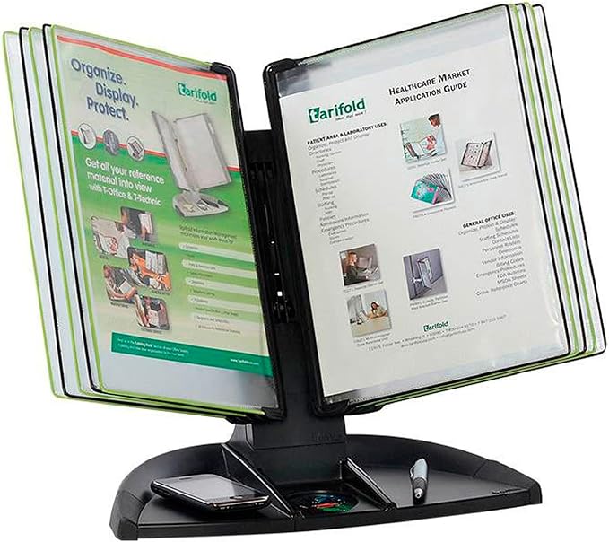 Tarifold Black Line Desktop Reference System, 10 Pockets, Green | 10 double-sided letter-size pockets hold 20 sheets, green and black frames, sturdy desktop base, easy to assemble