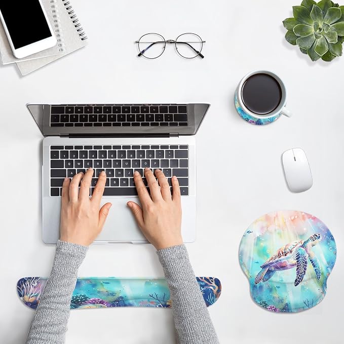 Ergonomic Mouse Pad Set with Wrist Rest, Cute Sea Turtle | Coral Reef Ocean Non-Slip Rubber Base Wrist Cushion Support and Coasters Mousepad with Wrist Support for Computer Keyboard