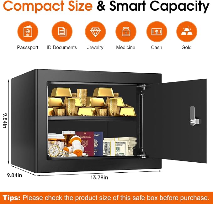 1.3 Cubic Feet Fireproof Safe Box with Key Lock, Hidden Steel Security Box with Removable Shelf for Cash, Jewelry, Passports and Medications, Personal Safes for Home/Office, 9.84"D x 13.78"W x 9.84"H