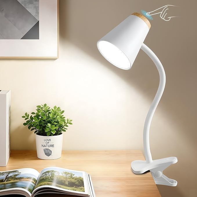 EJIAXIN Clip on Desk Lamp for Home Office - Small LED Touch Dimmable Reading Light for College Dorm Room - Adjustable Flexible Gooseneck Clamp Light Table Lamp for Bedside Bedroom Bed Headboard White