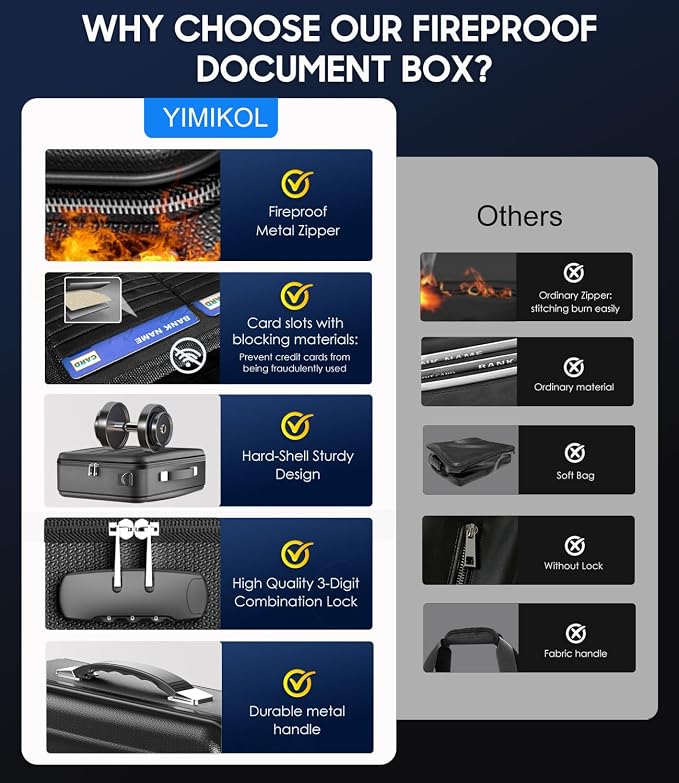 Fireproof Document Box with Lock, Hard-Shell Fireproof Safe Box | Fire proof Lock Box for Home Documents, Portable Travel Fire Proof File Box for Passport Laptop Certificates, Black