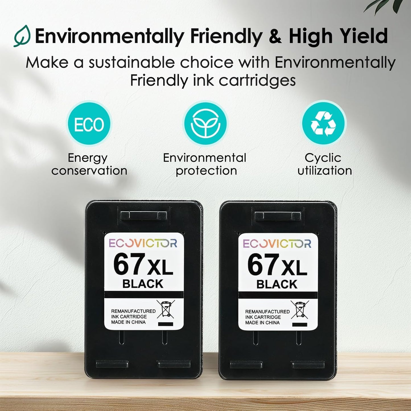 EcoVictor 67XL Black Ink Cartridge Replacement for HP 67 XL (2-Pack) Compatible to HP DeskJet 2755e 2700 2700e 4155e 2752 2755 4100 4100e 2320 Envy 6055e 6000 6000e 6455e 6400 6400e 6458 6052 Printer