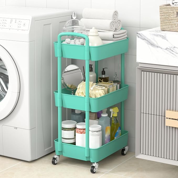 Sywhitta 3-Tier Plastic Rolling Utility Cart with Handle, Multi-Functional Storage Trolley for Office, Living Room, Kitchen, Movable Storage Organizer with Wheels, Green | Multi-Functional Storage Trolley, for Office, Living Room, Kitchen, Bathroom,Mov...