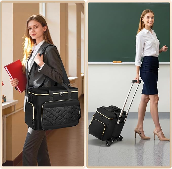 Ytonet 15.6" Teacher Rolling Bag with Insulated Lunch Bag, Bag with Wheels | Rolling Tote Bag for Work with Detachable Dolly, Large Rolling Laptop Bag for Women, Roller Craft Bag, Travel, Teacher Cart