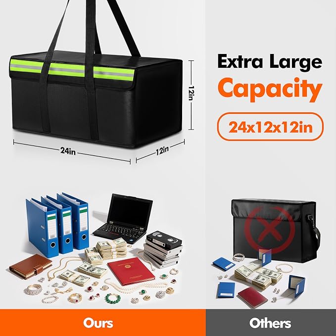 Large Fireproof Document Bag for Home Safe Storage, 24 x 12 x 12in, Black | 2000°F fireproof document box, 4-layer fiberglass important document storage for photo, file and cash with reflective strip