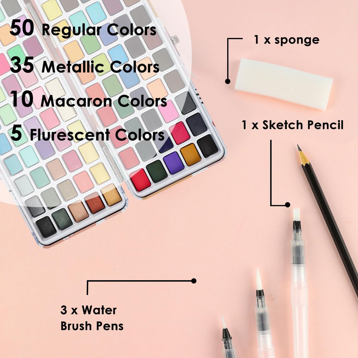 Grabie 100 Colors Watercolor Paint Set - 50 Regular, 35 Metallic, 10 Macaron and 5 Fluorescent Colors - Portable with Carrying Case, Water Brush Pens, and Accessories - For Beginners and Professionals