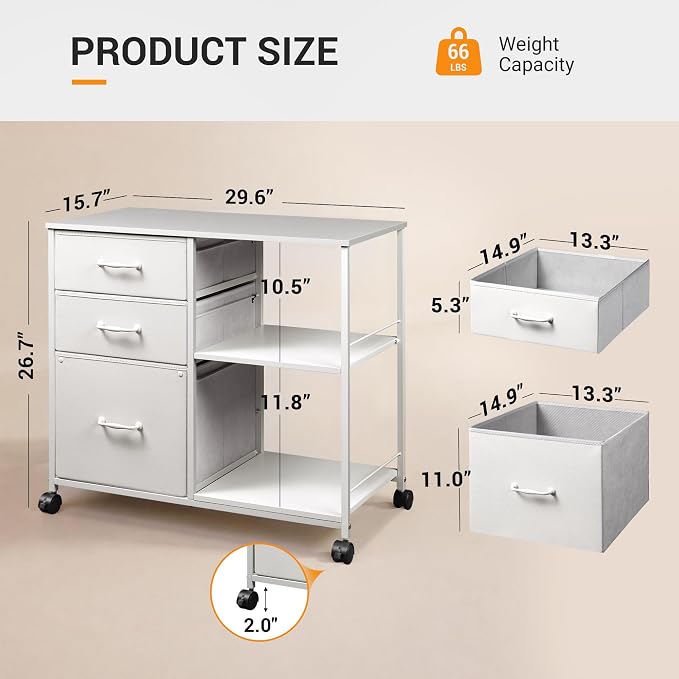 DEVAISE 3 Drawer Mobile File Cabinet with Open Storage Shelf | Rolling Printer Stand, Fabric Lateral Filing Cabinet fits A4 or Letter Size for Home Office, White