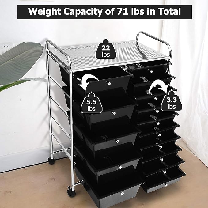 15 Drawer Rolling Storage Cart, Rolling Cart with Drawers for Classroom, Art Supply Craft Organizer on Wheel with Metal Frame & Handles for Home Office School