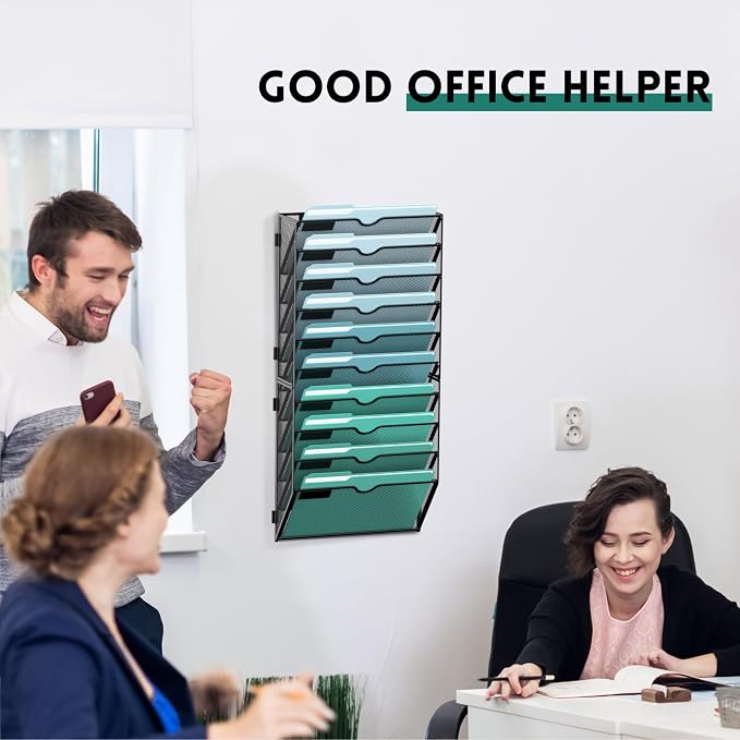 10-Tier Wall File Organizer, Hanging Wall Files for Papers, Folders, Magazines, Wall Organizer for Clipboard, Assembly Needed, Black, 2 Pack | Metal Mesh Hanging File Organizer with Open Compartments and Label Panels for Papers and Folders at Home, Off...