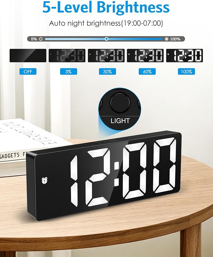 AMIR Digital Alarm Clock Large Display, Upgraded LED Alarm for Bedroom, Type-C/Battery Powered Bedside Alarm Clock with Snooze, 12/24H, 5 Levels Adjustable Brightness, DST, Desk Clock for Home, Office