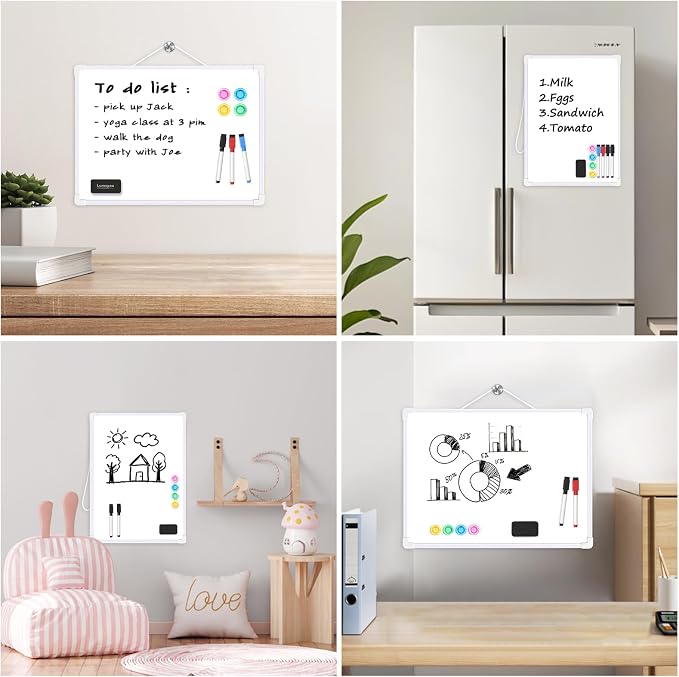 Small Dry Erase Board for Wall, 16" x 12" Double-Sided Hanging Whiteboard, Magnetic White Board with 4 Markers, 4 Magnets and 3 Mini Sticky Notes, Portable Whiteboard for Kids, School, Home, Office