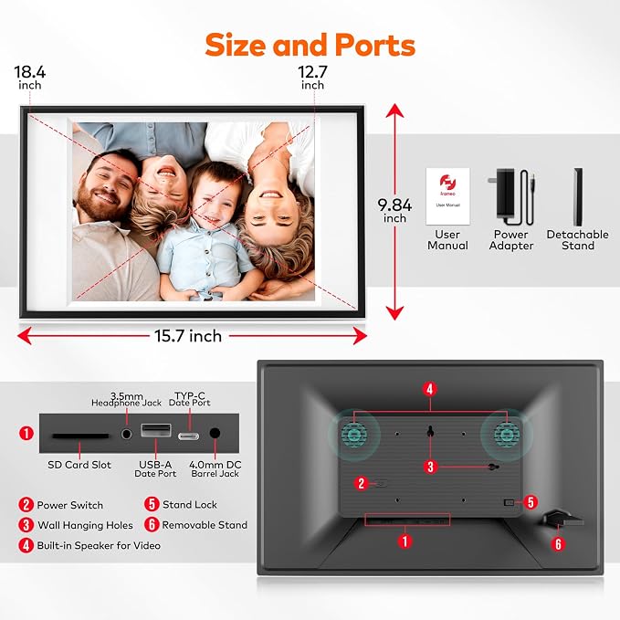 Frameo Digital Picture Frame 12.7'' 64GB Photo Frame, 1440 * 1080P IPS Touch Electronic Picture Frame, Auto-Rotate Tabletop&Wall Mounted,USB&SD Card, Sharing Photos/Videos via Free App from Anywhere
