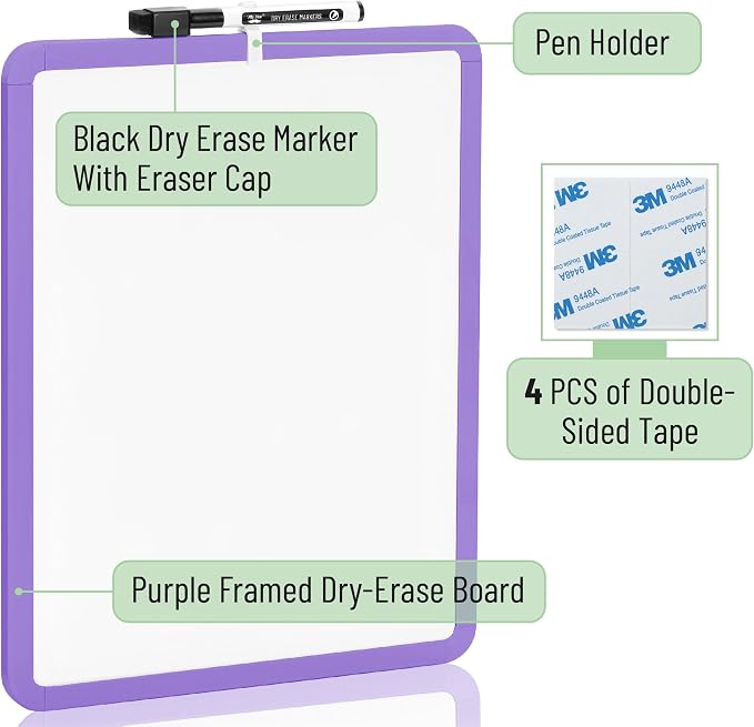 Mr. Pen- Dry Erase Board, 14” x 11” with a Black Dry Erase Marker | Purple Frame, Small Mini White Board for Students, Fridge, Wall, Locker, Includes Double Sided Tapes