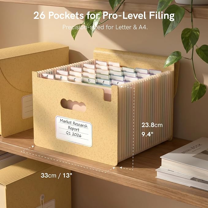 ABC life 26 Pockets Accordion File Organizer, Butter Yellow | Expanding File Folder for Letter/A4 Size, Portable Document Holder with A-Z Tabs for Tax Receipt, School, Home, Office