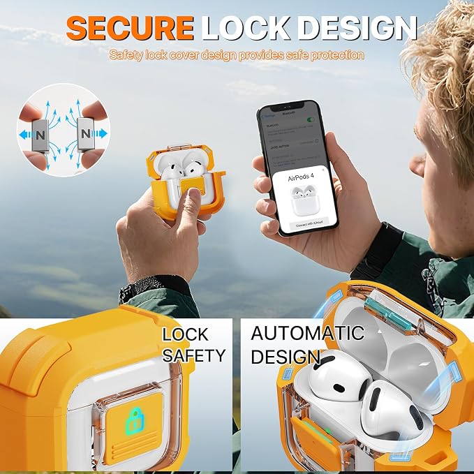 R-FUN for AirPods 4 Case with Lock Magnetic Lid MagSafe, Yellow | Compatible with Apple AirPods 4th Generation Protective Case with Cleaner Kit & Carabiner, Powerful Drop Protection