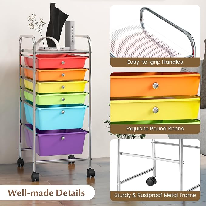 COSTWAY 6-Drawer Rolling Storage Cart, Art Craft Tools Organizer on Wheels | Multifunctional Heavy Duty Utility Mobile Storage Trolley w/ 2 Lockable Wheels for Home Office School (Multi-color)