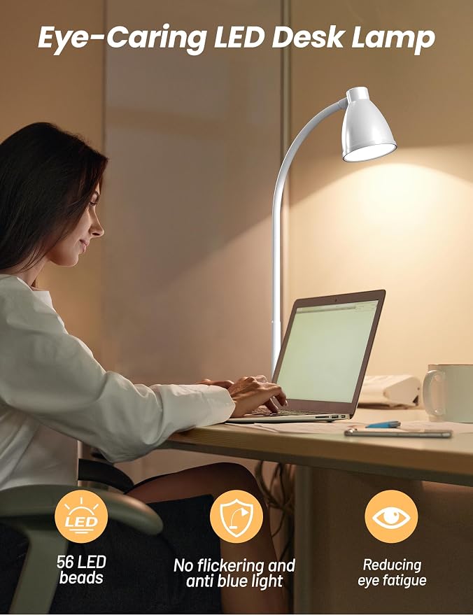 BOHON LED Desk Lamp with USB Charging Port, 3 Color Modes Dimmable, White | Reading Lamp, Auto Dimming Task Lamp, Flexible Neck Table Light for Dorm Bedside, Adapter Include