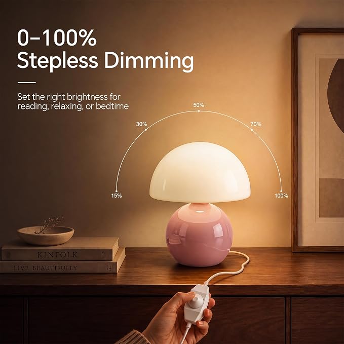 Mushroom Lamp Table Lamp for Bedroom-Small Desk Table Lamps,Pink | 8.7" Mid Century Modern Table Lamps for Living Room Bedroom Decor,Cute Ceramic Lamps for Mushroom Home Room Decor,Glass Shade