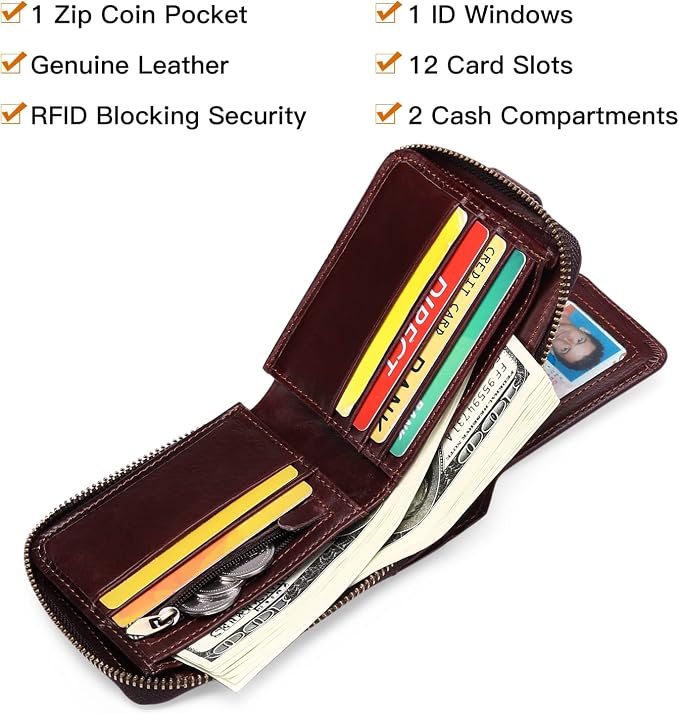 GOIACII Zipper Wallet for Men Genuine Leather RFID Blocking Mens Wallet with Zipper Coin Pocket ID Window Zipper Wallets Large Capacity