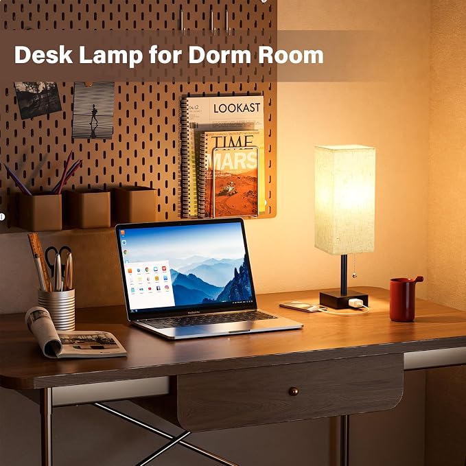 Bedside Lamp for Bedroom Set of 2 - Small Table Lamp for Nightstand | AC Outlet, 3 Color Temperatures, LED Bulb Included, Pull Chain Design, 14" Rectangular Desk Lamp for Dorm/Office, 2-Pack