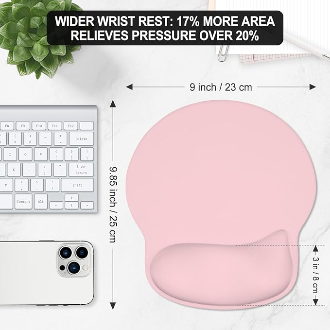 ITNRSIIET Ergonomic Mouse Pad with Wider Memory Foam Wrist Rest +17%, Curved Cushion Reduces Pressure 20%, Pain Relief, Non-Slip, Smooth, Cute Color Desk Accessory, 9.85 x 9 inch, Blush Pink