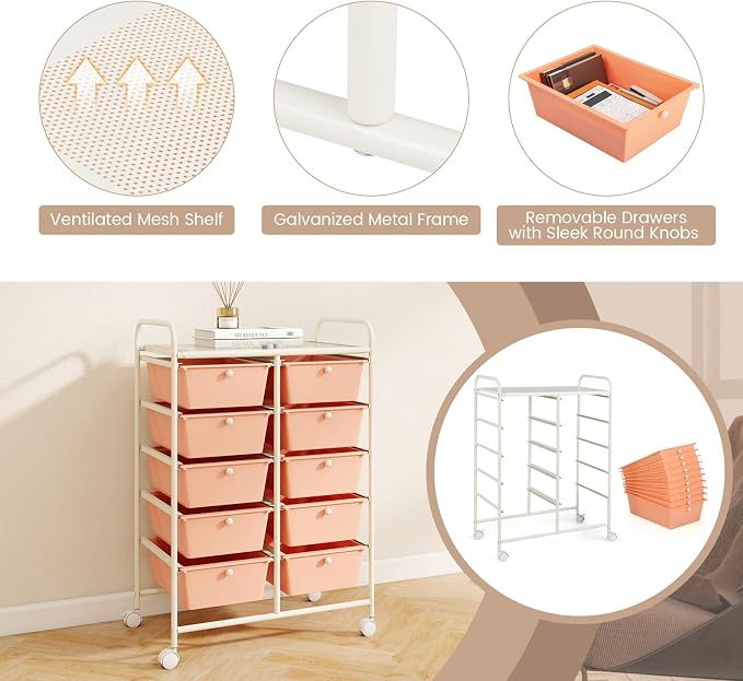 10 Drawer Rolling Cart, Storage Cart Organizer on Wheels, Drawer Cart with Metal Frame & Large Storage Capacity, Rolling Cart with Drawers for Living Room Classroom, Office