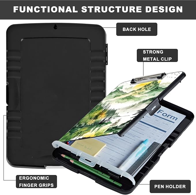 Clipboard with Storage,Storage Clipboard with Pen Holder,Heavy Duty Plastic Storage Clipboard with Low Profile Clip,Teacher Must Haves,Clipboard Folder,Office Supplies,Forest and Lake -1360