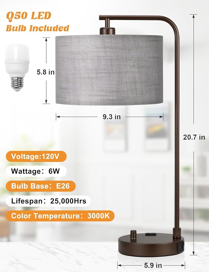 Innqoo Grey Tall Lamp for Bedroom with USB Port and Outlet, Dimmable Nightstand Bedside Lamps with Linen Lampshade, Desk Lamp for Home Office, Living Room, Guest Room, LED Bulb Included