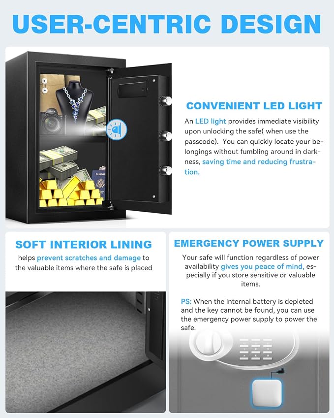 16.54" Tall Large Fire proof Safe Box with Fireproof Waterproof Bag | Steel Security Personal Fire Safe, Digital Keypad, Emergency Battery Box, Combination Lock, Safety Box For Home Office