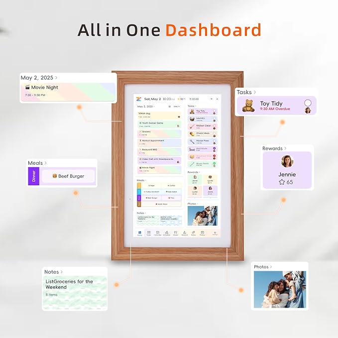 Smart Digital Calendar 10.1 Inch Touch Screen Family Organizer with Photo Frame, Wood Frame, Chore Chart and Meal Planner No Subscription