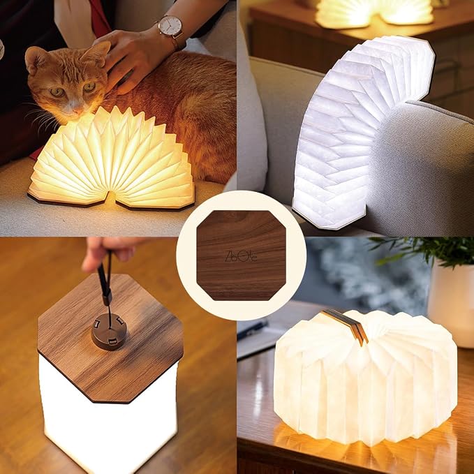 Originality Folding Accordion Lamp, Japanese Gift, LED Paper Lantern | Portable Wooden Table Lamp, Creative Japanese Paper Light with USB, Japanese Decor for Home & Bedroom & Library (Walnut )
