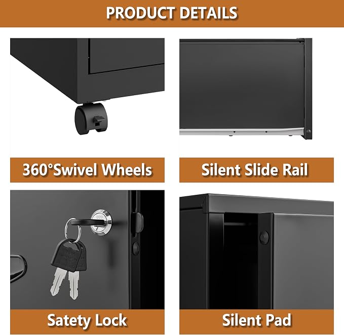 Polup 2 Drawer Rolling File Cabinet with Lock for Home Office | Metal Mobile Filing Cabinet on Wheels, Small Under Desk Storage, Fits Hanging Letter Size, Printer Stand, Black