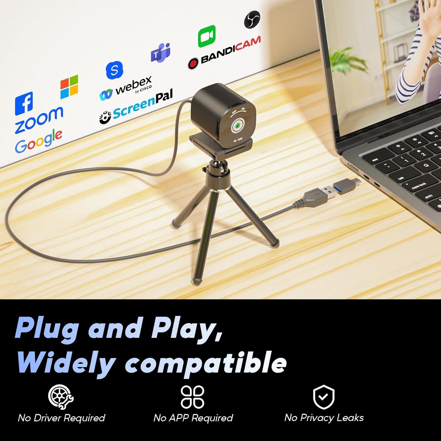 Nisheng 4K Webcam, AutoFocus USB Camera with Dual AI Noise-Cancelling Mics, 4K Webcam for PC with Privacy Cover, Plug & Play Web Camera for Zoom/Teams/Meet/Xbox/OBS