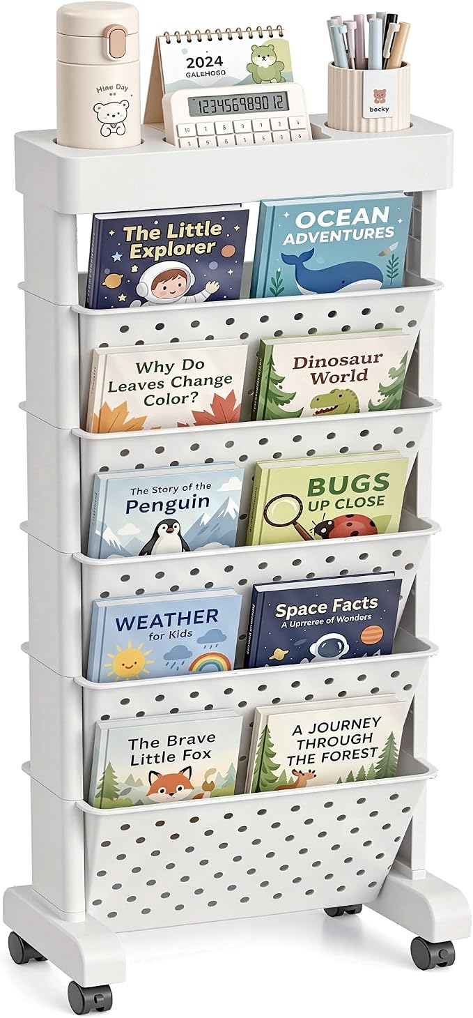 BYFU 6-Tier Rolling Bookshelf Cart, White | Movable with Wheels, File Paper Storage Organizer, For Home Office Study Classroom