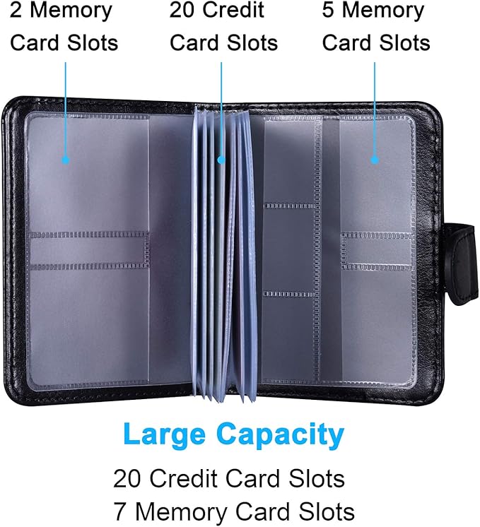 Wisdompro Credit Card Holder, RFID Blocking Wallet Debit Card Protector | Slim Leather Credit Card Organizer Case, Card Case with Magnetic Closure, 20 Card & 7 Memory Card Slots - Vertical Black