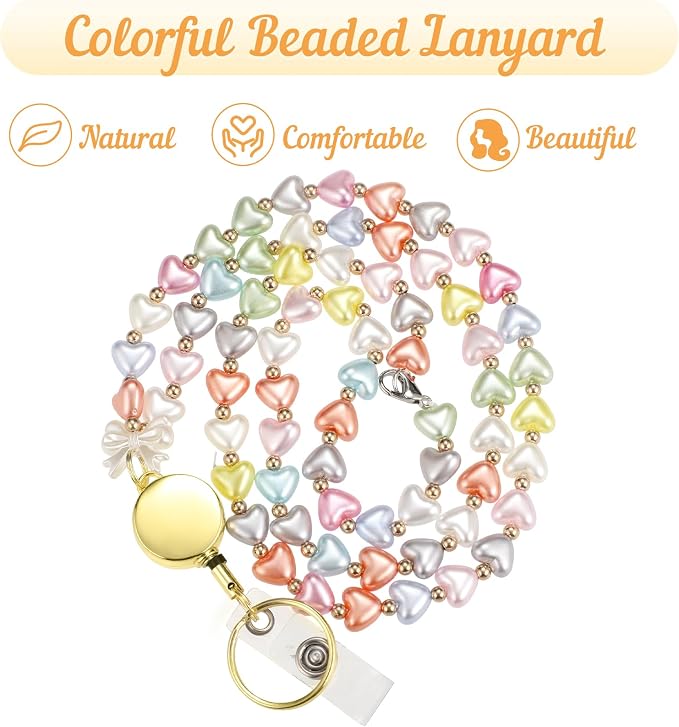 Teacher Lanyard with ID Holder Cute Beaded Lanyards for ID Badge Holders Retractable Badge Reel （Heart）