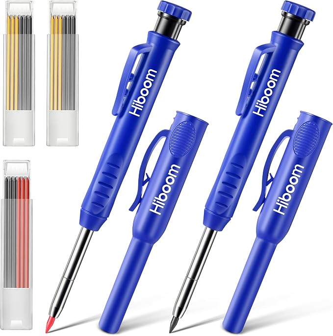 Hiboom 2 Pack Carpenter Pencils with Pencil Cap and 18 Refills, Blue | Mechanical Pencil, Deep Hole Marking, Built-In Sharpener, Long Nose Tip, Pocket Clip, Marks Many Surfaces, Woodworking Use