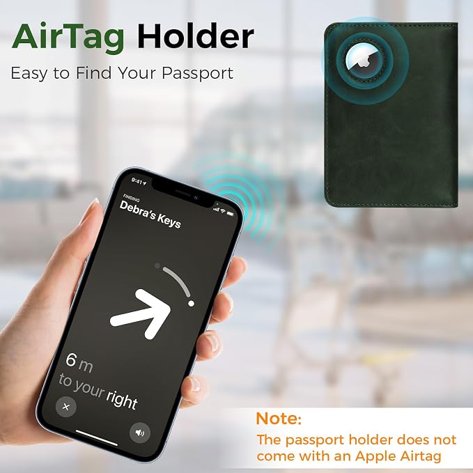 Passport Holder Travel Women Men, Passport Wallet with Airtag Slot, Green | RFID Blocking PU Leather Passport Holder Cover Case with Card Holder, Pen Slot